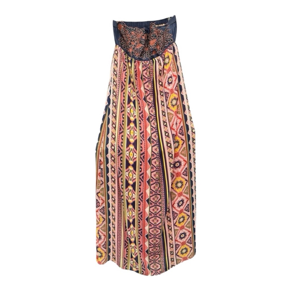 DeJaVu Strapless Blue Embroidered bodice, full long striped skirt. BJ2